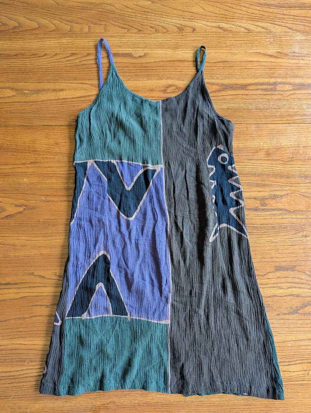 VTG 90s Flashback Art Wear Crinkle Cotton Batik Slip Dress Fish Sm/Medium